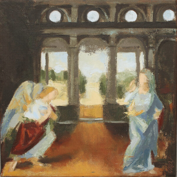 Angel and woman in architectural space - oil painting by Michelle Arnold Paine