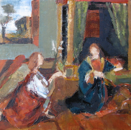 figurative,oil on canvas,8x8, price $300,Annunciation after Solario