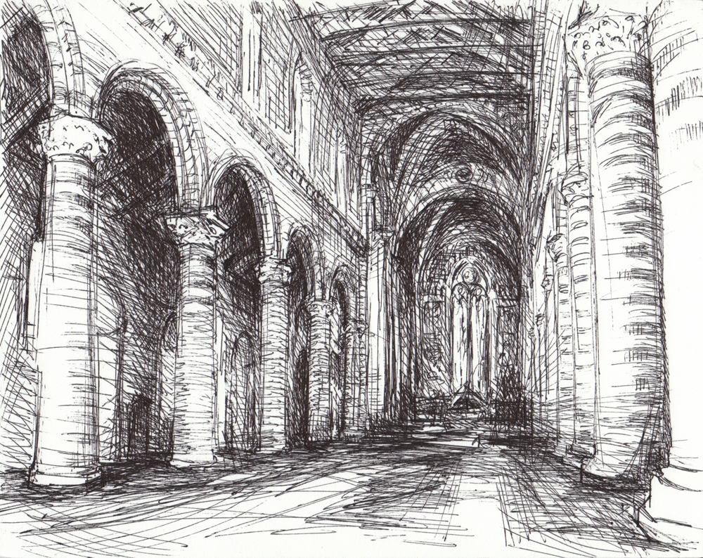 Orvieto Duomo Interior, ©Michelle Arnold Paine 2009, Ink on Matboard