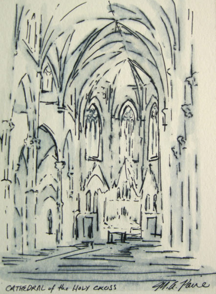 Church Interior Ink Drawing. Cathedral of the Holy Cross Boston. 