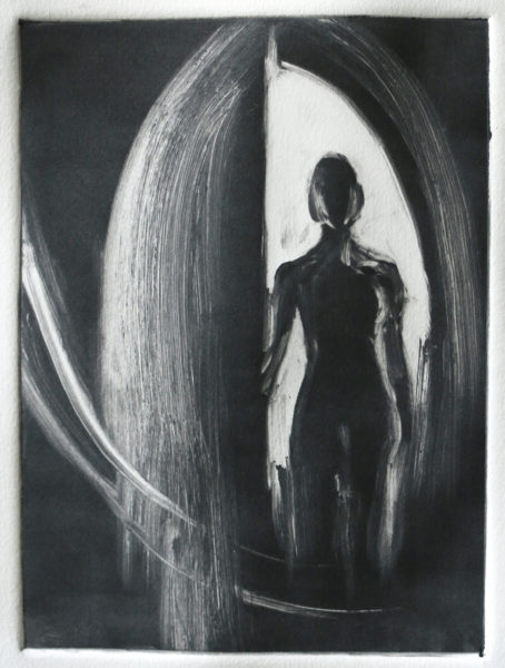 black and white monotype of woman silhouette in an arch