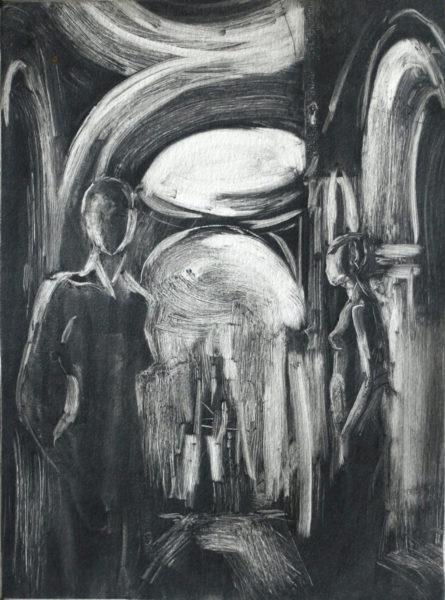 black and white Marian monotype of church interior