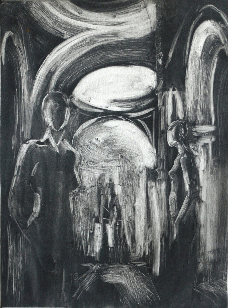 black and white monotype of church interior with two women