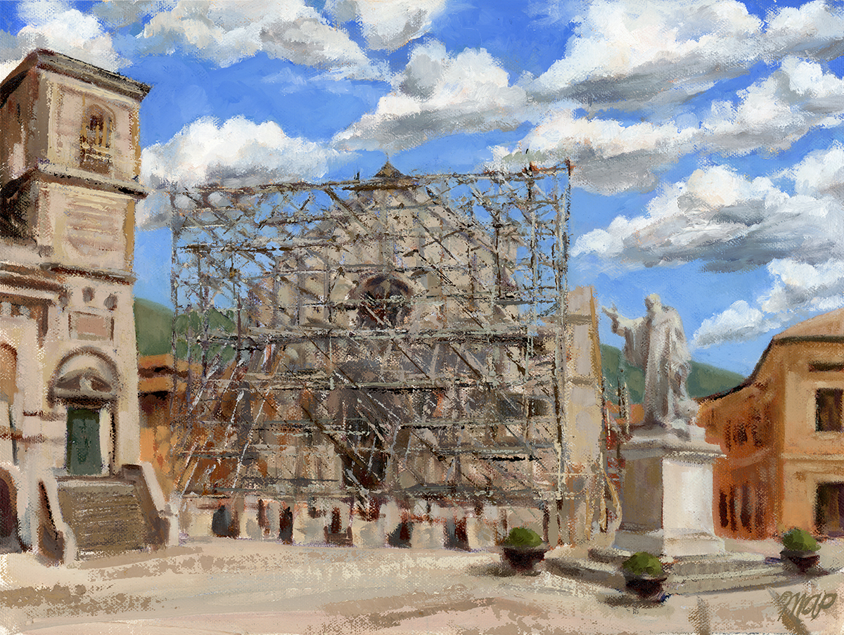 oil painting Basilica of St Benedict after the earthquakes