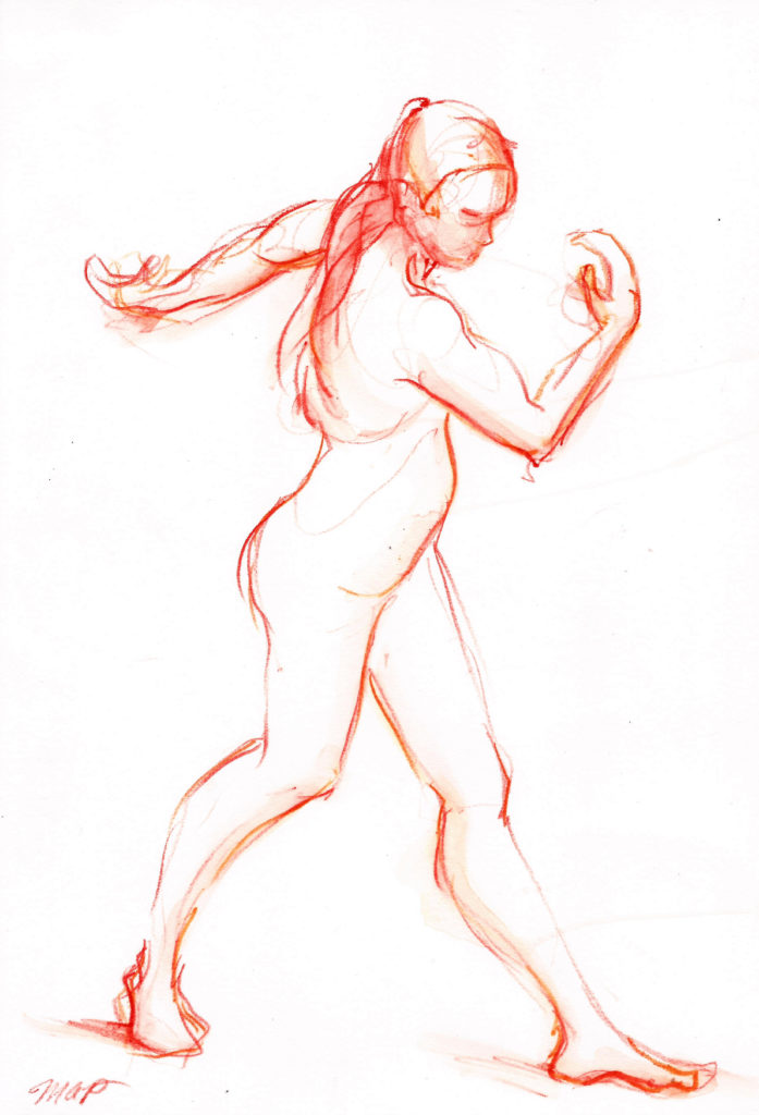 orange female dance walk watercolor on paper