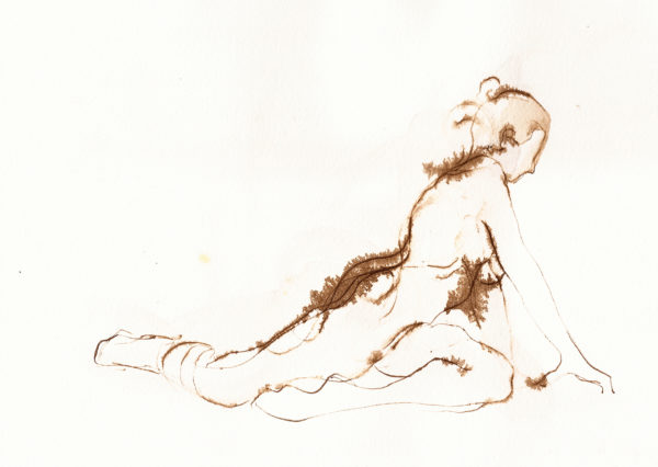 yoga pigeon pose walnut ink figure drawing