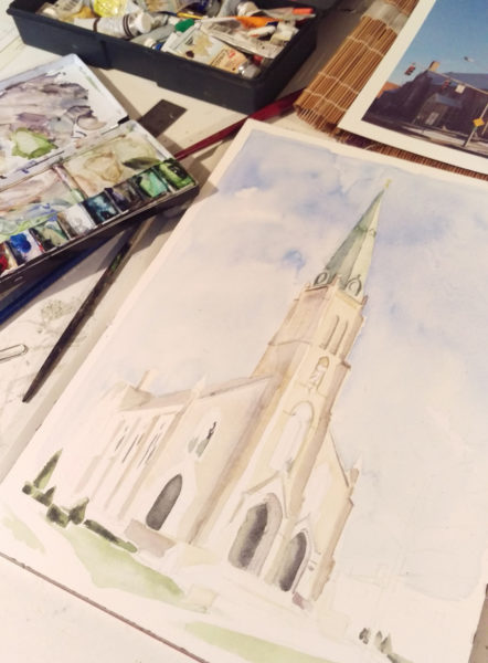 saint rose perrysburg church watercolor in progress. 