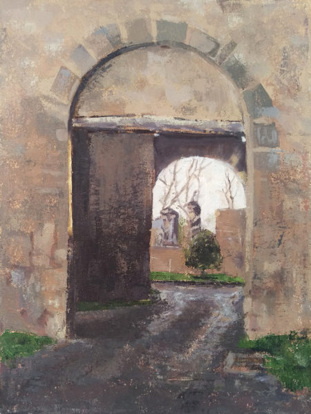 oil painting by Michelle Arnold Paine of Italian medieval city gate archway