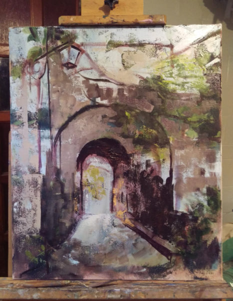 bagnoregio arches painting in progress with old landscape painting showing underneath 
