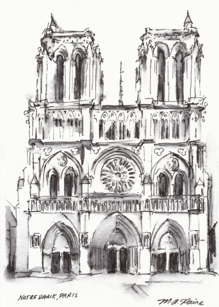 ink drawing of Notre Dame Cathedral Paris