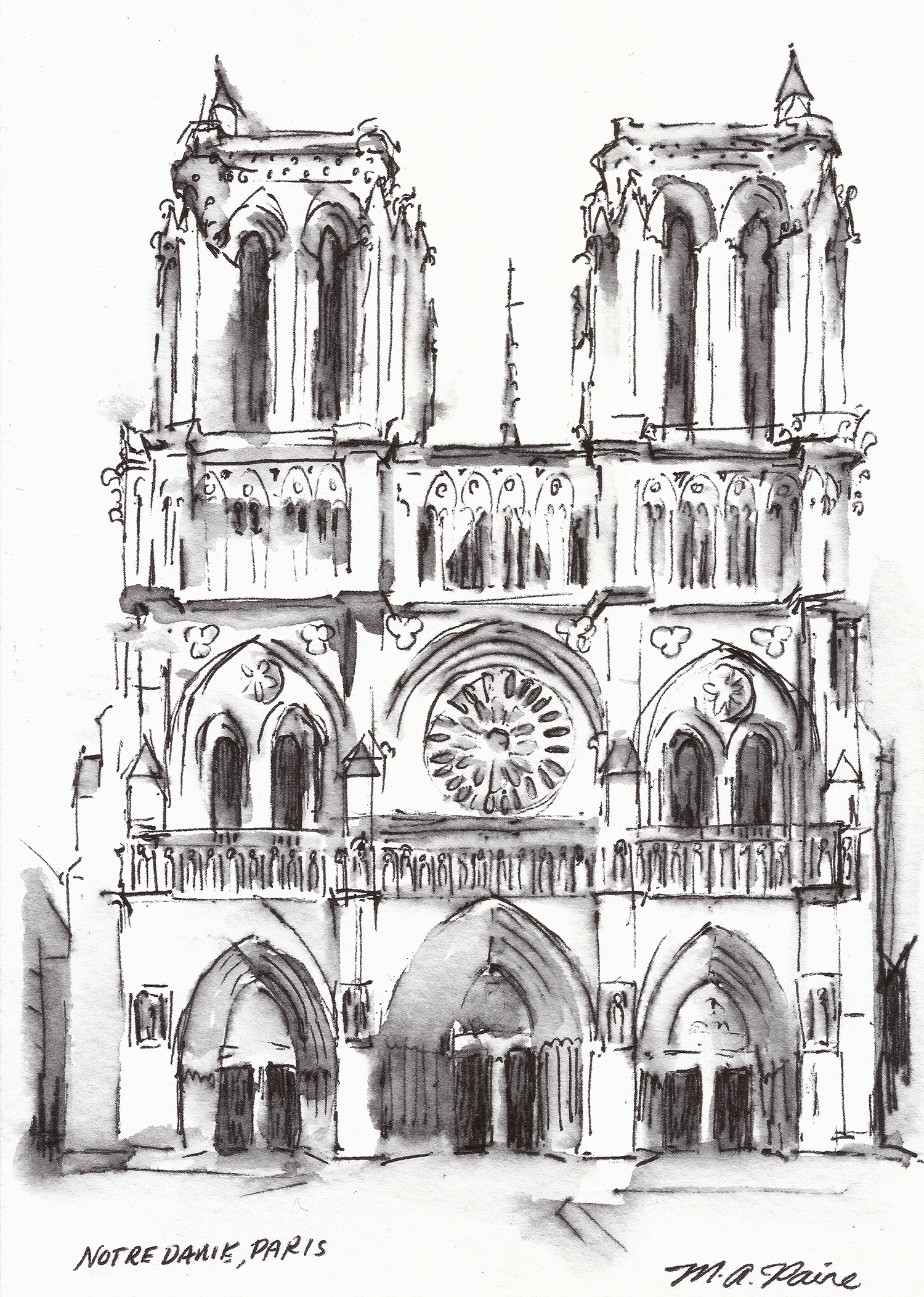 ink drawing of Notre Dame Cathedral Paris