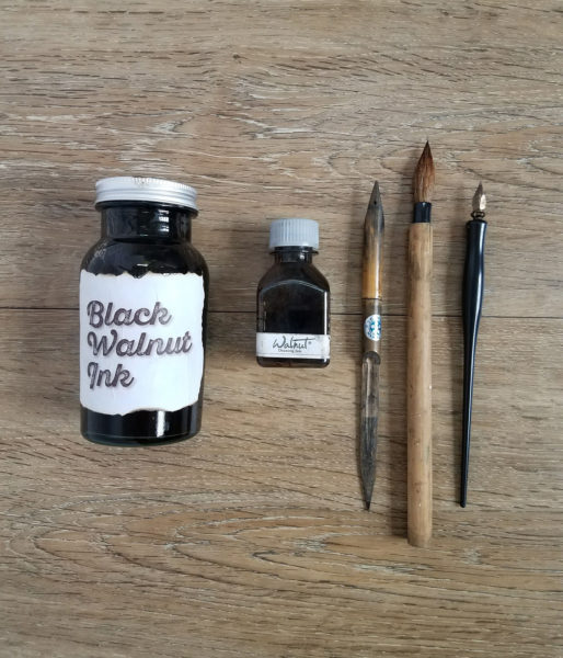 walnut ink tools - ink, bush, reed pen, nib pen, sumi brush