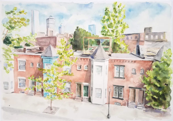 custom house portrait watercolor painting of Boston rowhouse with skyline in background