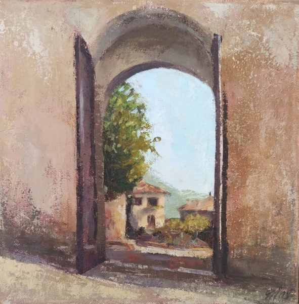 oil painting of medieval assisi gate