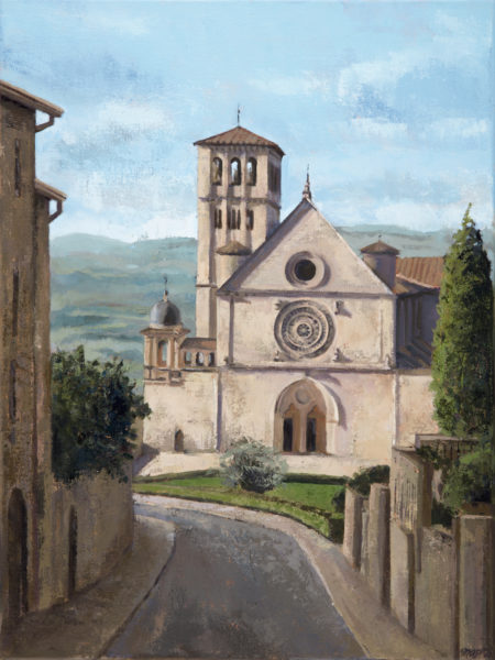 oil painting of basilica of saint francis of assisi from uphill