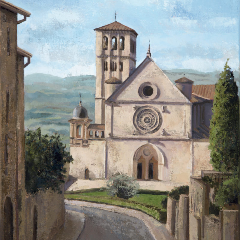 oil painting of basilica of saint francis of assisi from uphill