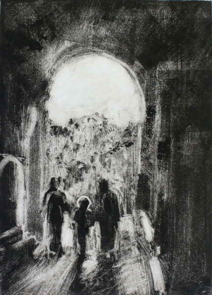 black and white monotype image of figures in archway