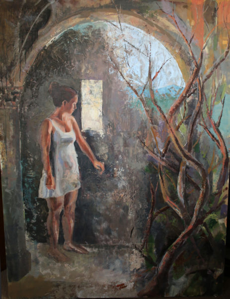 oil painting with branch and woman at closed door