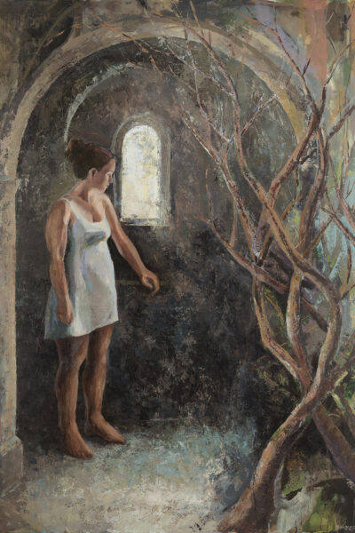 oil painting of woman at a closed door with a dead tree