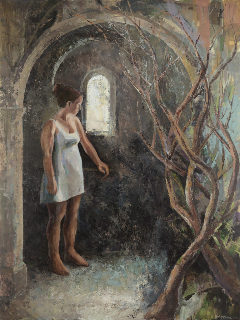 oil painting of woman at a closed door with a dead tree