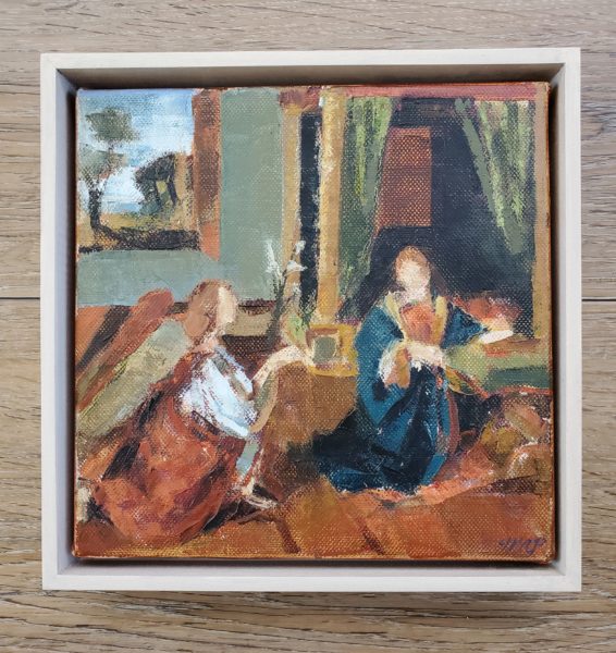 Framed oil painting study by Michelle Arnold Paine of an Annunciation by 16th c. artist Andrea Solario