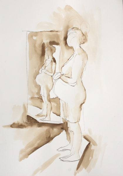 Walnut Ink drawing by Michelle Arnold Paine of a pregnant woman in front of a mirror. Title: "Imago Dei"