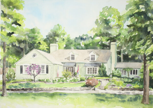 custom house portrait watercolor painting of a cape cod style Ohio home