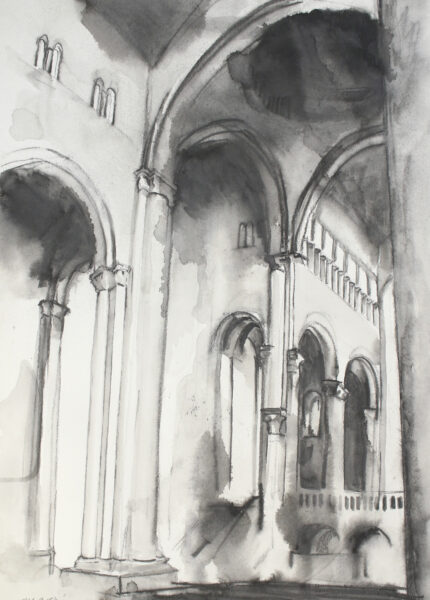 graphite drawing of Romanesque church Santa Maria della Pieve in Arezzo, Italy