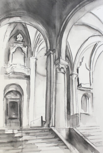 graphite drawing of Romanesque cathedral in Todi, Italy