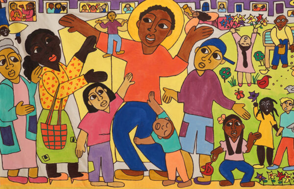 colorful acrylic painting of diverse people living in a neighborhood by Anne C. Brink Singletary