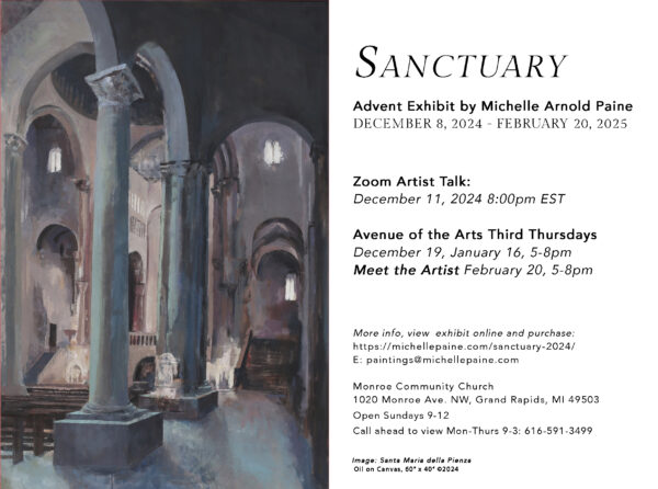 image of church painting by Michelle Arnold Paine alongside text with information on visiting Advent art exhibit "Sanctuary"