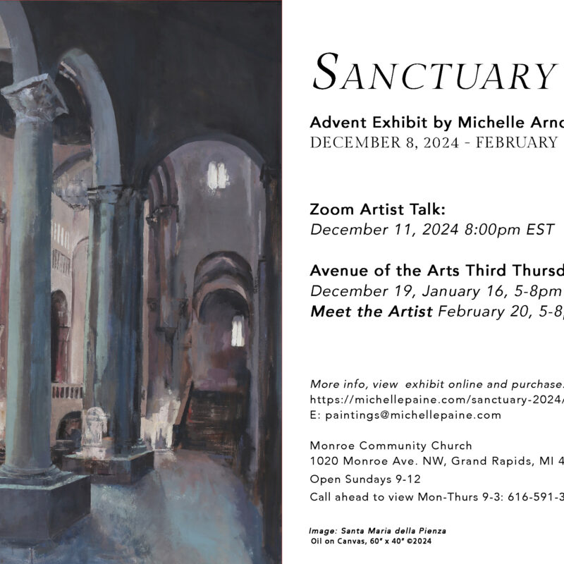 image of church painting by Michelle Arnold Paine alongside text with information on visiting Sanctuary exhibit