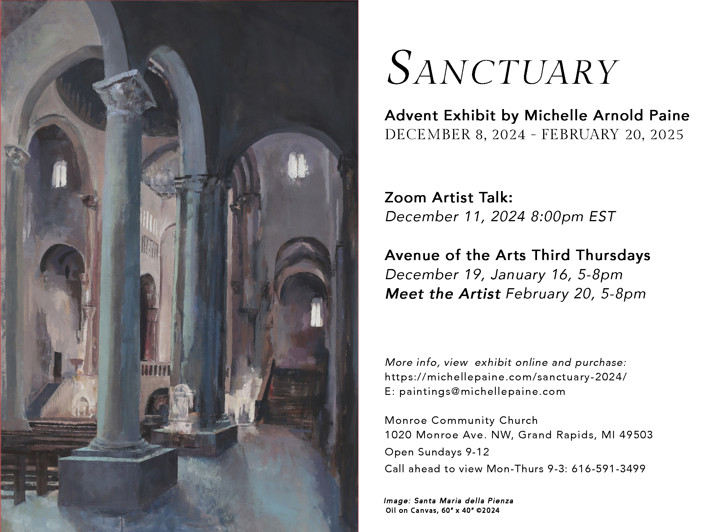 image of church painting by Michelle Arnold Paine alongside text with information on visiting Sanctuary exhibit