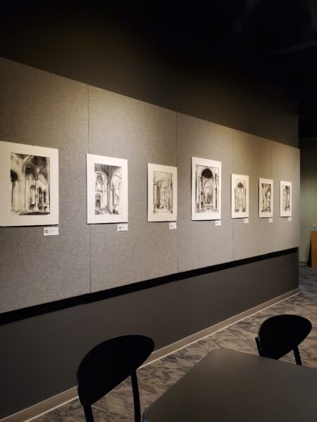 graphite drawings of Romanesque churches installed at Monroe Community Church, Grand Rapids, MI