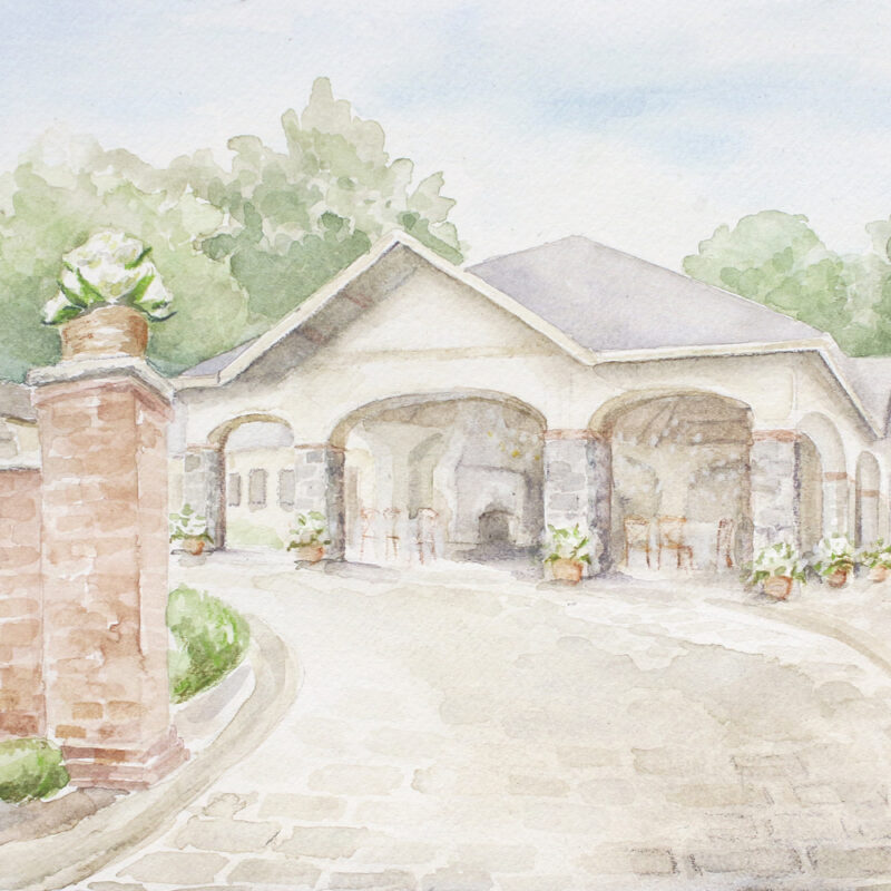 Watercolor painting of The Old Barn Inn in St. Albans, Missouri.